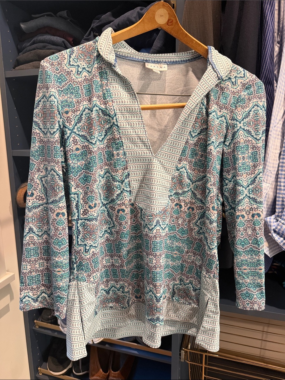 Cabana Life Teal and White Printed V-Neck Tunic